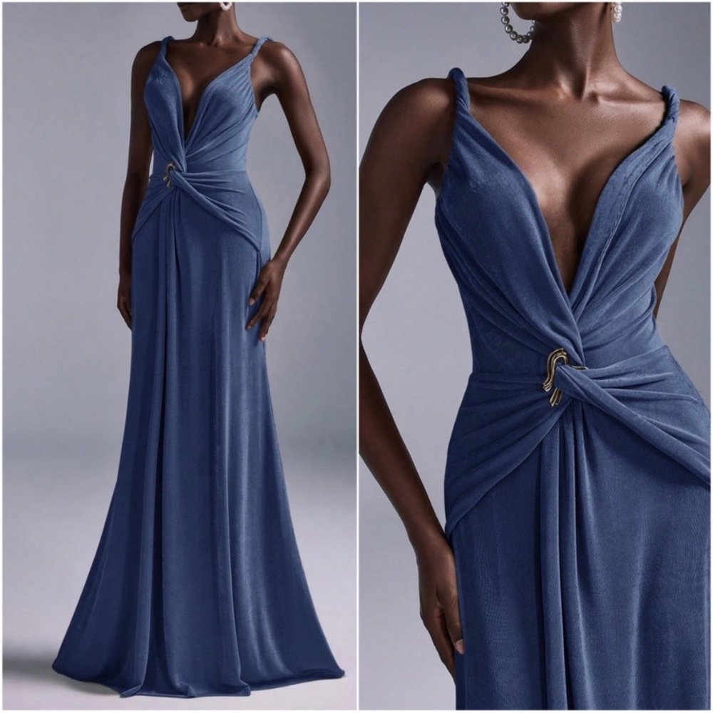 Solid Plunging Neck Twist Detail Party Evening Formal Wedding Dress XS S M L